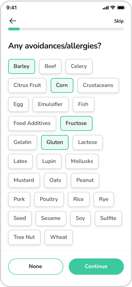 Selecting allergies and foods to avoid in the Mamori app